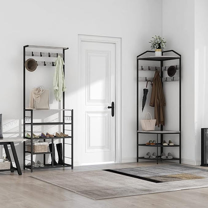 GiftGo Grey Corner Hall Tree with Shoe Bench Entryway Coat Rack with 10 Metal Movable Hooks Rustic Farmhouse Floorstanding Clothes Rack Shoes Shelf Organizer for Home Office Bedroom (Greige)