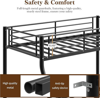 Metal Twin Over Full Bunk Bed丨 Bunk Beds Twin Over Full Size with Ladder | Heavy Duty Bunk Bed for Adults, Metal Bunk Bed for Dorm, Bedroom, Apartment, 440 lbs Capacity,No Box Spring Needed (Black）