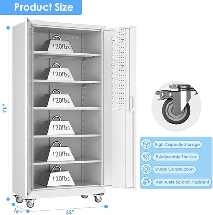 SUXXAN Garage Storage Cabinet with Pegboard and 5 Adjustable Shelves, 71'' x 32'' x 16''Metal Lockable Cabinet with Magnetic Doors,Tool Storage,Home Office Garage,Gym,School(White)
