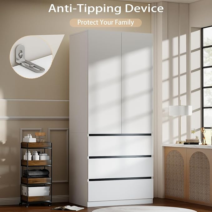 White Armoire Wardrobe Closet: 75" Large Wardrobe Closet with 4 Doors, Modern Bedroom Armoires with 6 Drawers, Tall Wood Closets for Bedroom