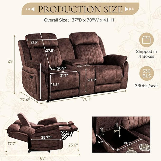 Power Reclining Loveseat with Zero Gravity, Adjustable Headrest, Power Reclining Loveseat with Console, USB/Type-C Ports, Loveseat Recliner Sofa for Living Room(Brown, Loveseat)