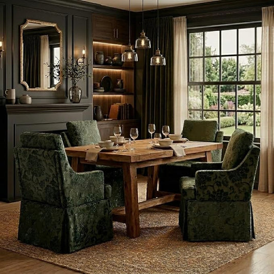 UVV Upholstered Dining Chairs Set of 4, Modern Jacquard Kitchen Chair Dining Room Chair with 4 Casters, Linen Armchair for Bedroom Reading Room Living Room, Dark Green