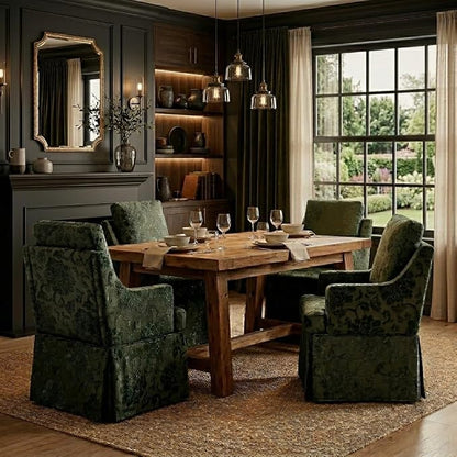 UVV Upholstered Dining Chairs, Modern Jacquard Kitchen Chair Dining Room Chair with 4 Casters, Linen Armchair for Bedroom Reading Room Living Room, Dark Green