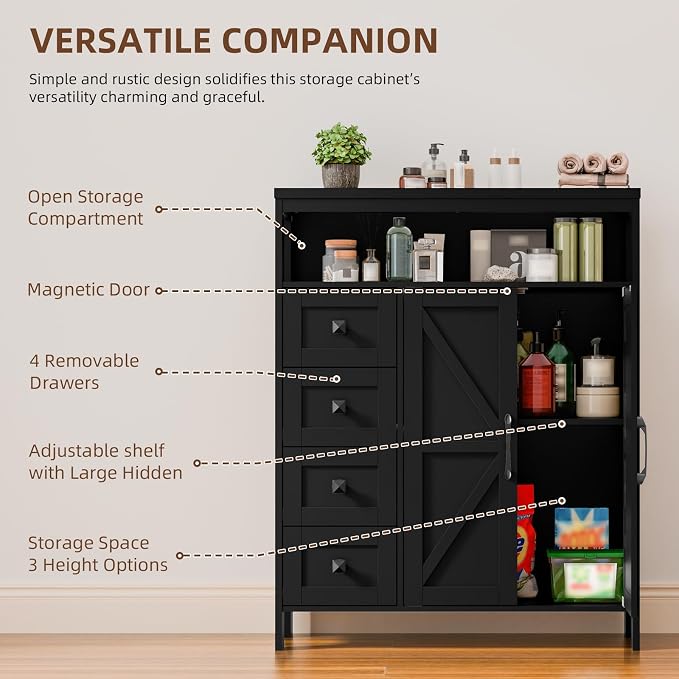 Vabches Farmhouse Storage Cabinet with 2 Doors and 4 Drawers, Freestanding Bathroom Compartment Kitchen Pantry Cabinet, Floor Cupboard for Kitchen/Living Room/Bathroom,Pure Black