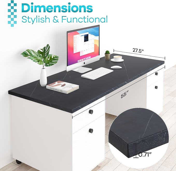 Kaboon Universal Tabletop 55"x27.5", Solid One-Piece Melamine Table Top, Double Desk L-Desk DIY, Home and Office Countertop, Cloud Atlas/Black Marble