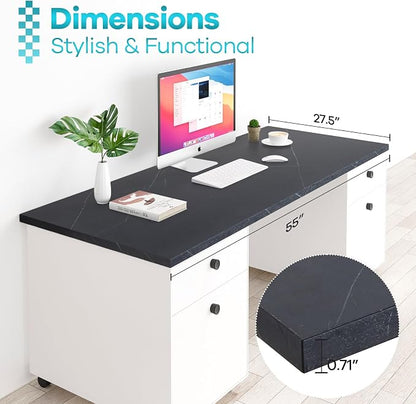 Kaboon Universal Tabletop 55"x27.5", Solid One-Piece Melamine Table Top, Double Desk L-Desk DIY, Home and Office Countertop, Cloud Atlas/Black Marble