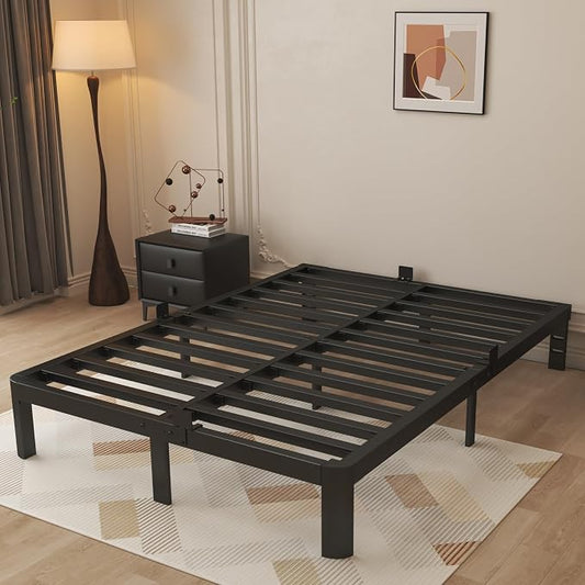 10 Inch Queen Bed Frame, Black Bed Frame Queen Size with Metal Baffles, No Box Spring Needed, Heavy Duty Steel Platform Support, Rounded Corner Design, Reserved Holes, Storage Space, Noise Free
