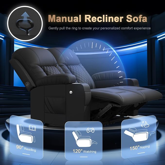 Loveseat Recliner Sofa, Home Theater Seating with Storage & Pocket, Reclining Loveseat Sofa with USB Ports & Phone Holders, Wall Hugger Recliner RV Couch Furniture