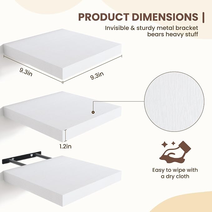 Fun Memories Floating Shelves for Wall - 9.3 Inch Square Shelves with Invisible Brackets, Small Wall Shelf for Living Room, Bathroom, Bedroom, and Kitchen Decor Set of 3