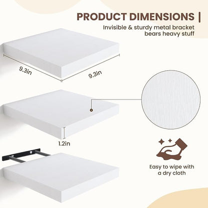 Fun Memories Floating Shelves for Wall - 9.3 Inch Square Shelves with Invisible Brackets, Small Wall Shelf for Living Room, Bathroom, Bedroom, and Kitchen Decor Set of 3