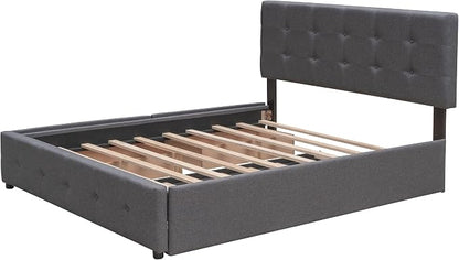 Ball & Cast Queen Bed Frame with 2 Drawers and 1 Twin XL Trundle, Linen Upholstered Platform Bed Frame Queen Size with Button Tufted Headboard & Wood Slats Support,No Box Spring Needed,Dark Gray