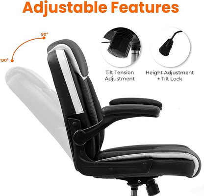 NEO CHAIR Desk Office Gaming Computer Chair Ergonomic Executive Mid-Back Leather with Adjustable Padded Flip-Up Armrests Cushion Wheels Swivel for Home Study Task (Black White)