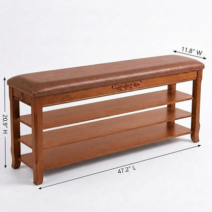 Shoe Rack Bench Entryway Storage with Leather Cushion, Shoe Organizer Bench for Entryway, Front Doors Entrances Hallway,Mudroom,Closet, Bedroom,Solidwood 3 Height-Adjustable Removable Shelve,47.2"