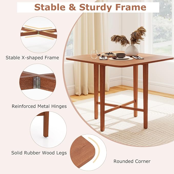 Giantex 36" Folding Dining Table for 2-4, Extendable Drop Leaf Kitchen Table with Solid Rubber Wood Frame, Space-Saving Dinner Table for Small Space, Living Dining Room, Dinette, Walnut