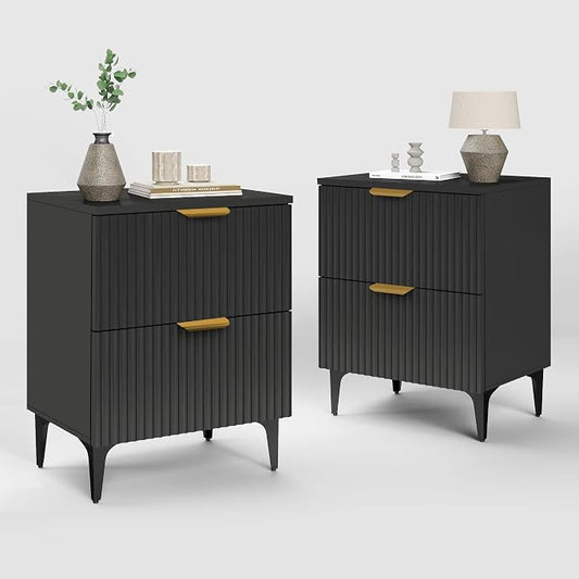 SUNWAVE Black Fluted Nightstand Set of 2, Modern Night Stands with 2 Drawers, Bedside Table for Twin/Full/Queen Bed, End Table with Robot-Friendly Metal Legs for Bedroom, Golden Handles