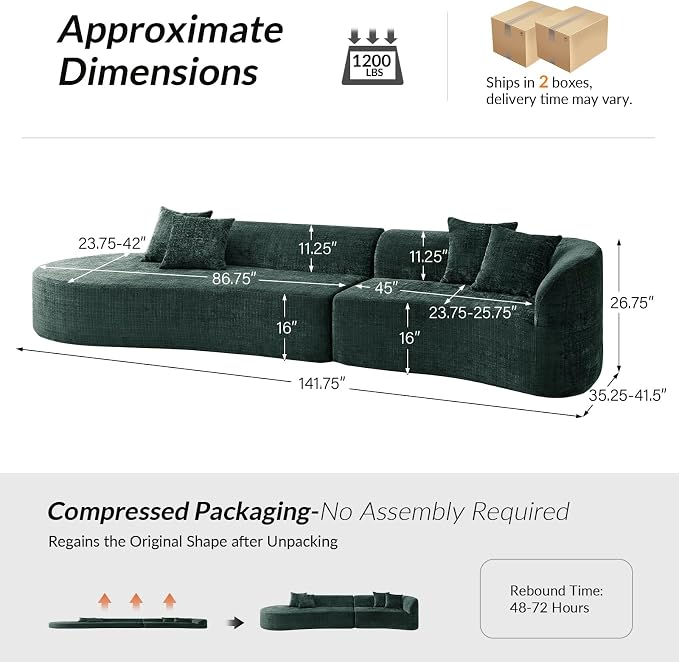 141.75" Modern Curved Compressed Sofa, All-Foam Cloud Couches with 4 Pillows, No Assembly Required Boneless Sectional Sofas, Large Floor Couch for Living Room, Olive