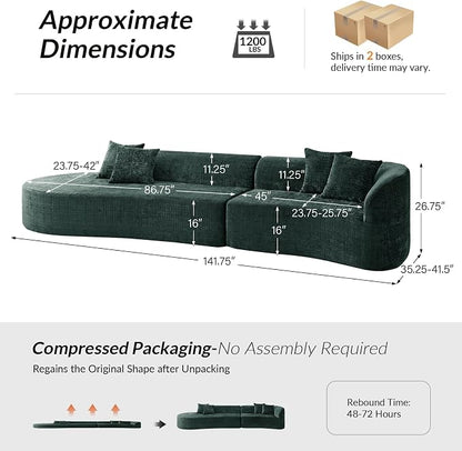 141.75" Modern Curved Compressed Sofa, All-Foam Cloud Couches with 4 Pillows, No Assembly Required Boneless Sectional Sofas, Large Floor Couch for Living Room, Olive
