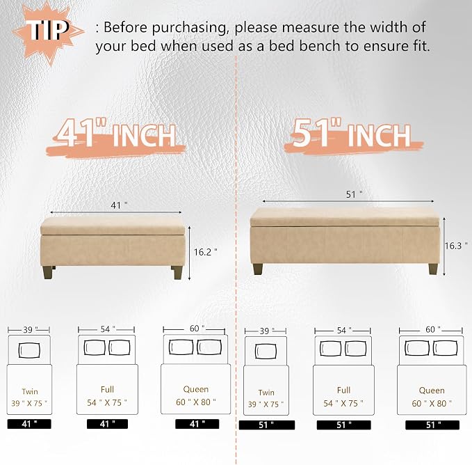 41" Storage Ottoman, Storage Bench with Safety Hinge, Upholstered Synthetic Leather Ottoman Bench for Bedroom, Living Room, Entryway, Hallway, Foot Rest, Support 500lbs