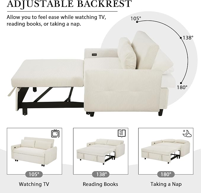 ERYE 57.5-Inch Loveseat Sofa with Pull Out Sleeper Couch Bed, Comfy Corduroy Upholstered Love Seat Sofa Convertible Sleeper Sofabed,Lounge Recliner Chaise Daybed | USB Charging Ports