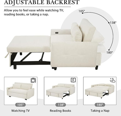 ERYE 57.5-Inch Loveseat Sofa with Pull Out Sleeper Couch Bed, Comfy Corduroy Upholstered Love Seat Sofa Convertible Sleeper Sofabed,Lounge Recliner Chaise Daybed | USB Charging Ports