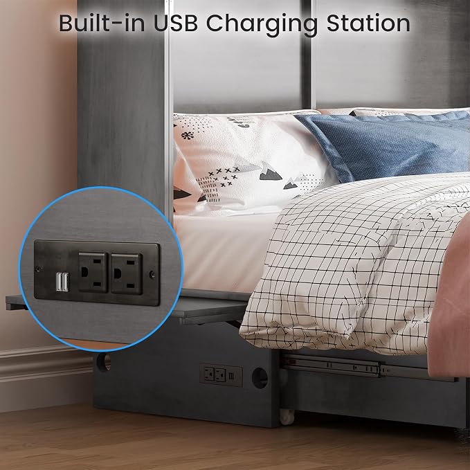 PUREMIND Queen Murphy Bed with Mattress Included, Murphy Cabinet Bed with Storage Drawer, Built-in Charging Station, Solid Wood Frame, Space-Saving Cabinet Beds for Small Spaces/Guest Room (Gray)