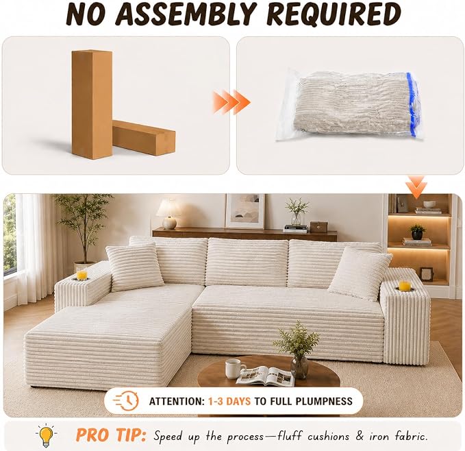103” Cloud Sectional Couch, Convertible Boneless Couch, Modular L-Shaped Couch, Soft Friendly Fluffy Couch, No Assembly Required(Left-Facing, Beige)