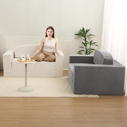 MeMoreCool Convertible Sofa Bed, Pull Out Loveseat Sleeper Sofa, Small Boneless Cloud Couch Bed for Adults, Fold Out Foam Love Seat, Corduroy Folding Floor Couch for Bedroom, Light Grey