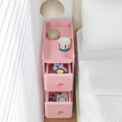 Pink Narrow Nightstand, Wooden Small 2 Drawer Nightstand, Slim Side End Table, Skinny Bedside Table, Mid Century Modern Night Stand with Drawers, for Living Room (Pink-1 pc)