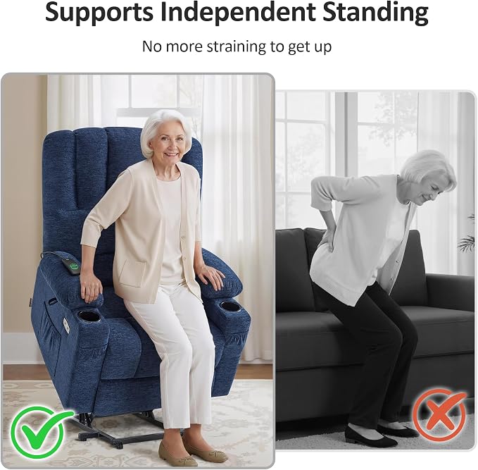 MCombo Large Power Lift Recliner Chair for Elderly, Lift Chair with Heat and Massage, 3 Positions, USB Charge Ports, Cup Holders, Fabric 7099 (Large, Navy Blue)