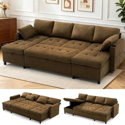 110" U-Shape Reversible Sectional Sofa Bed w/USB Port, Light Brown | Upholstered Sleeper Couch w/Adjustable Backrest and Storage Chaises, Chenille Modern Sofa w/Pull-Out Bed for Living Room