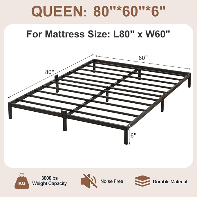 6 Inch Low Profile Queen Size Bed Frame, Noise-Free Heavy Duty Metal Platform with Mattress Stopper, No Box Spring Needed, Easy Assembly Steel Support, Black