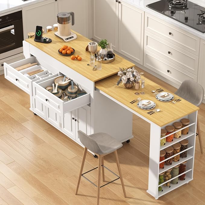 80"-48" Extendable Kitchen Island with Extended Dining Table and Power Outlet,Large Mobile Kitchen Storage Islands with 2 Storage Drawers,Rolling Islands Cart with 3 Extra Rows Open Shelves(White)
