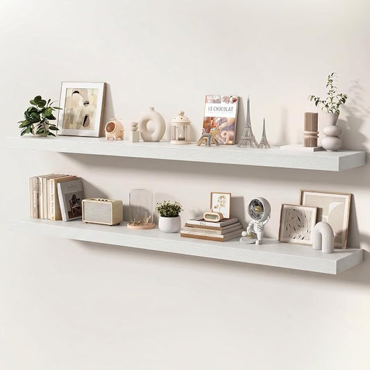 Floating Shelves for Wall, 72 Inch x 8 Inch Deep Wall Mounted Wood Shelf with Invisible Brackets for Storage & Display, Living Room Bedroom Kitchen, White, Set of 2