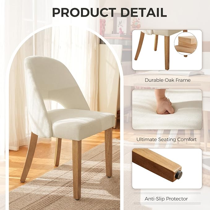 Wooden Dining Chairs Set of 2, Upholstered Modern Chenille Dining Room Chair Kitchen Chairs, Comfy Farmhouse Dinner Chair for Kitchen Dining Room, Beige