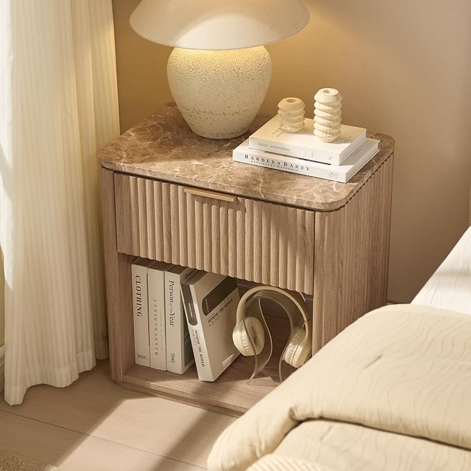 Fluted Nightstand with Faux Marble Top, Modern Bedside Table | FSC-Certified Engineered Wood, 24" H, 1 Drawer and 1 Storage Shelf, Rounded Corner, Metal Handle, for Bedroom, Natural Oak