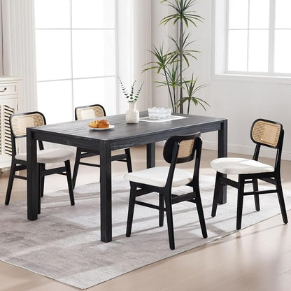 ROCITY Black Rattan Dining Chairs Set of 6 Sherpa Dining Room Chairs Natural Wooden Kitchen Chairs Farmhouse Boho
