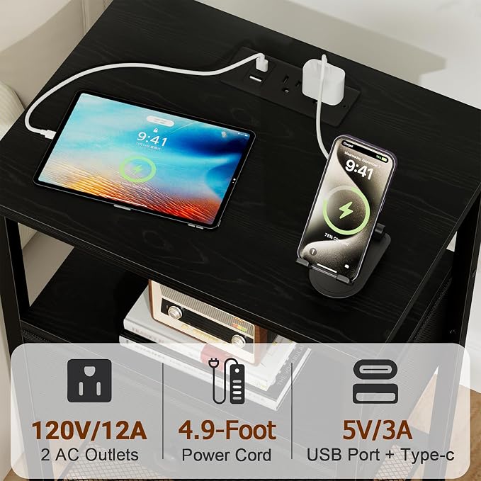 LOAKEKEL Night Stand, Nightstand with Charging Station, Slim Industrial Bedside Table with Fabric Drawer, Small End Table with USB & Type-C Ports for Bedroom, Black, HETS010BK-1