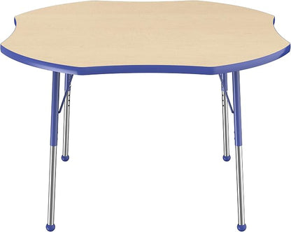 FDP Clover Activity School and Office Table (48 x 48 inch), Standard Legs with Ball Glides for Collaborative Seating Environments, Adjustable Height 19-30 inches - Maple Top and Blue Edge