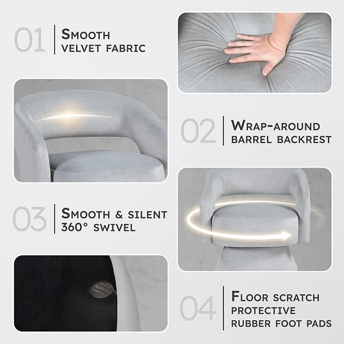 Lexicon 360 Degree Swivel Accent Chair, Modern Comfy Velvet Round Barrel Chair, Open Back, Plush Foam Cushions, Metal Swivel Base for Living Room/Bedroom/Office/Small Spaces, Gray