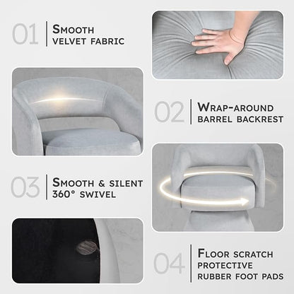 Lexicon 360 Degree Swivel Accent Chair, Modern Comfy Velvet Round Barrel Chair, Open Back, Plush Foam Cushions, Metal Swivel Base for Living Room/Bedroom/Office/Small Spaces, Gray