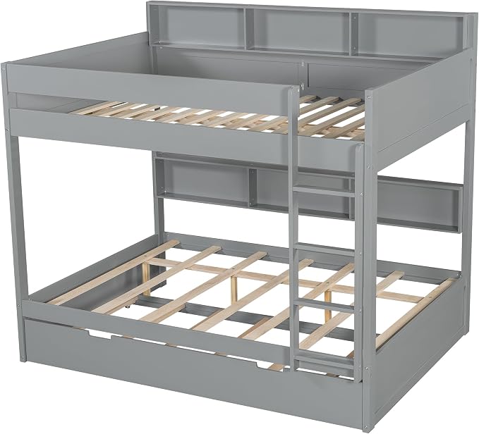 Wood Bunk Bed Full Over Full Size with Built-in Storage Shelves, Versatile Bunk Bed Frame with Ladder and Trundle Bed for Kids Teens Adults, Maximize Space (Gray-2.10)