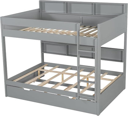 Wood Bunk Bed Full Over Full Size with Built-in Storage Shelves, Versatile Bunk Bed Frame with Ladder and Trundle Bed for Kids Teens Adults, Maximize Space (Gray-2.10)