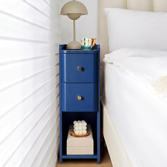 Blue Narrow Nightstand, Wooden Small 2 Drawer Nightstand, Slim Side End Table, Skinny Bedside Table, Mid Century Modern Night Stand with Drawers, for Living Room (Blue-1 pc)
