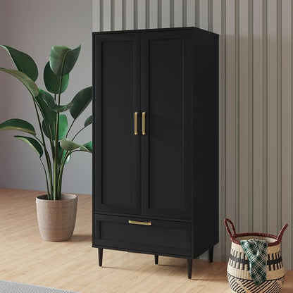 Bedroom Armoire Wardrobe Closet with Hanging Rod,60" 2 Door Almirah for Clothes with Drawers,Morden Storage Cabinet,Black