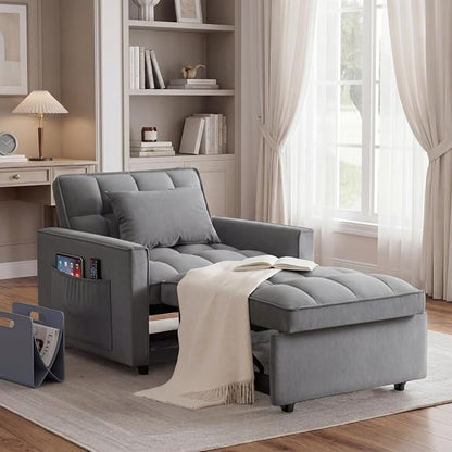 Sleeper Chair, Pull Out Chair Sleeper with Adjustable Back & Pocket, Convertible Chairs Bed Sleepers for Adults, 3 in 1 Sofa Bed Chairs for Small Spaces, Living Room, Gray