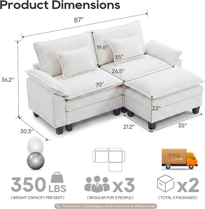 URRED Oversized Modular Sectional Sofa, 87" L Shaped Modern Comfy Cloud Couch with Movable Ottoman & Pillows, Deep Seat Couches for Living Room, Bedroom or Apartment (Corduroy Beige, 87" L Shaped)
