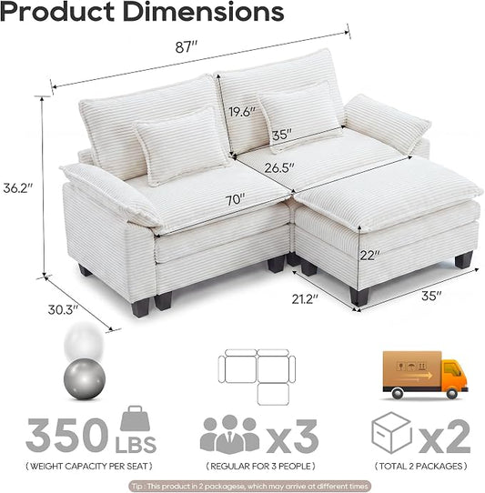 URRED Oversized Modular Sectional Sofa, 87" L Shaped Modern Comfy Cloud Couch with Movable Ottoman & Pillows, Deep Seat Couches for Living Room, Bedroom or Apartment (Corduroy Beige, 87" L Shaped)