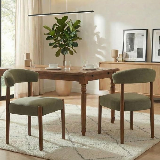VKNOW Wooden Dining Chairs Set of 2, Modern Upholstered Dining Room Chairs with Walnut Wood Legs and Curved Backrest, Fabric Kitchen Chairs for Farmhouse/Living Room/Dining Room, Green