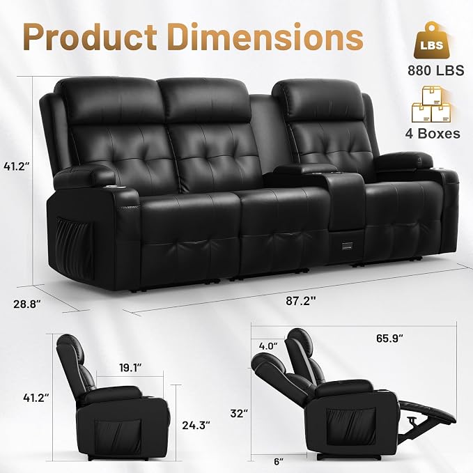 Loveseat Recliner Sofa, Home Theater Seating with Massage, 3 Seat Reclining Loveseats with Console, Wall Hugger RV Couch Movie Theater Chairs, RV Furniture Sofas with USB, Cup Holders for Gaming Room