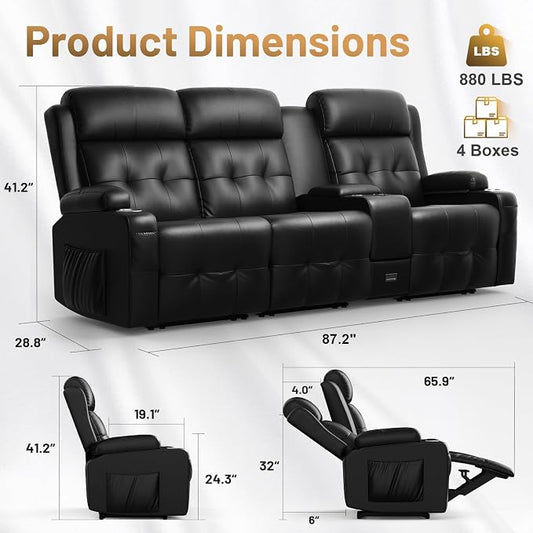 Loveseat Recliner Sofa, Home Theater Seating with Massage, 3 Seat Reclining Loveseats with Console, Wall Hugger RV Couch Movie Theater Chairs, RV Furniture Sofas with USB, Cup Holders for Gaming Room